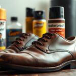 A pair of polished brown smooth leather dress shoes sits on a table, surrounded by various shoe care products, including waterproofing spray and other alternatives like bottles and sprays labeled "Helaint," "Gayert," and "Heaterproof.