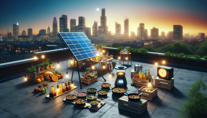 A solar cooking setup on a city rooftop during a blackout, showcasing an array of no-cook meals, vibrant and appealing.