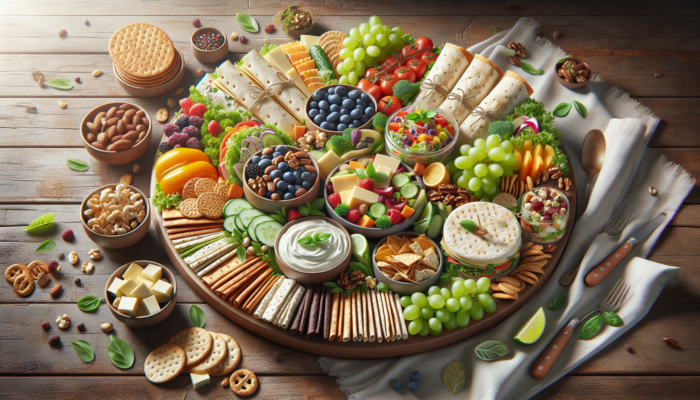 A colorful no-cook meal platter featuring salads, wraps, and snacks artfully arranged on a rustic table.