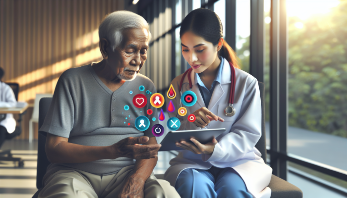Elderly patient and doctor reviewing CBC and lipid profile results on a tablet in a modern medical office.