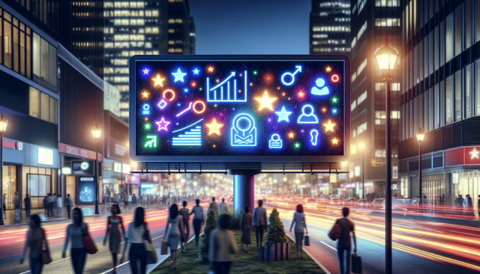 A vibrant digital billboard showcasing a small business's optimized Google Business Profile on a busy city street at dusk.