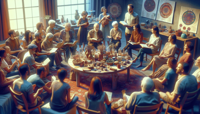 A warm gathering where family and friends share stories and items, enhancing the decluttering experience and fostering community.