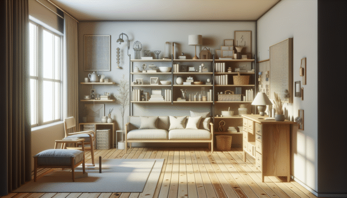 A serene room with a neatly organized shelf of sentimental items, symbolizing emotional boundaries and clarity.