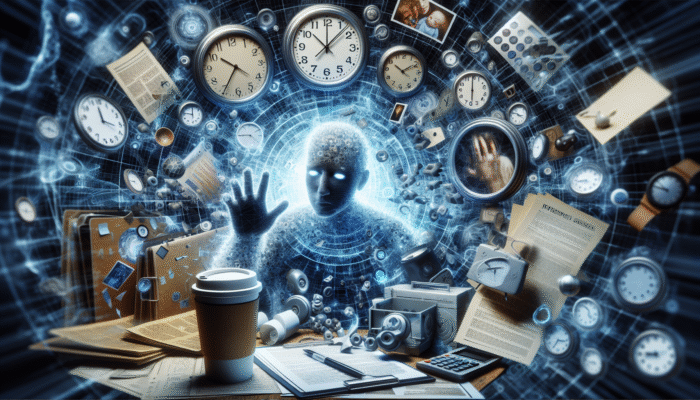 A weary individual surrounded by clocks, work obligations, and family, reaching for an energy drink and coffee.