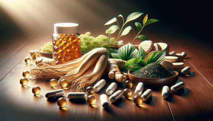 Natural ingredients in energy supplements like ginseng, B-vitamins, and green tea extract displayed on a wooden table.
