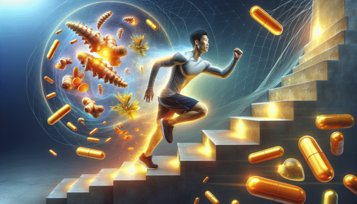 Individual climbing stairs and participating in sports, surrounded by turmeric roots and capsules, symbolizing reduced inflammation and improved joint health.