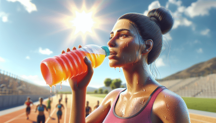 Person drinking a colorful electrolyte drink, sweating in a hot, sunny environment, emphasizing hydration and physical activity.