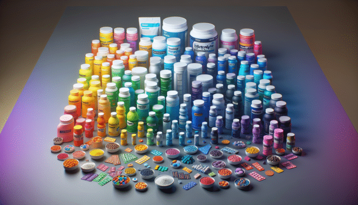 A colorful array of electrolyte supplements in powders, tablets, and drinks displayed on a table.