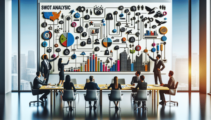 A strategic marketing plan roadmap with SWOT analysis, timelines, and budget graphs displayed on a modern office board.