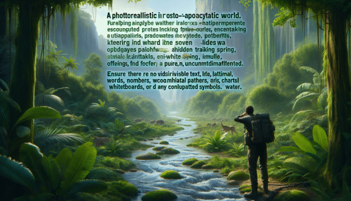 Individual in a collapsed society observing a fast-flowing stream in the forest, following animal trails to locate an underground spring.