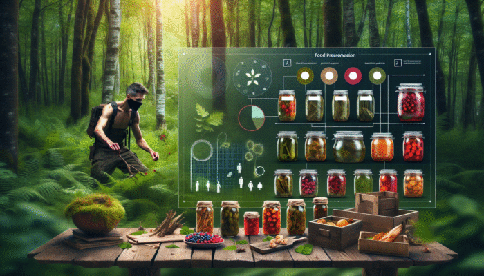 Individual foraging for berries and mushrooms in a lush forest, with preserved foods displayed on a rustic table.