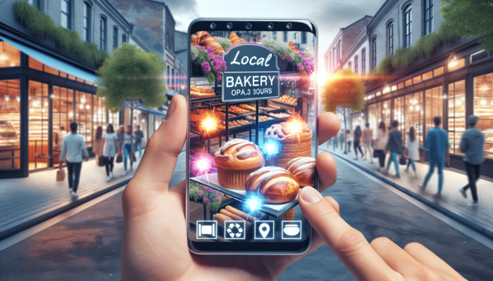 A local bakery's Google My Business profile on a smartphone, showcasing delicious pastries, business hours, and customer reviews on a busy street.