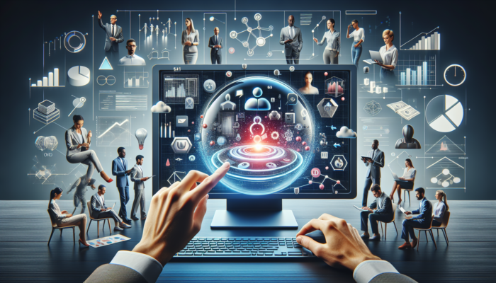 Digital workspace featuring Google My Business on screen, experts collaborating on strategies to enhance online visibility.