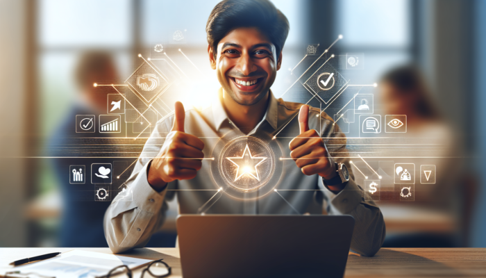 A local business owner smiling while actively engaging with customers online, surrounded by positive feedback and a glowing reputation icon.