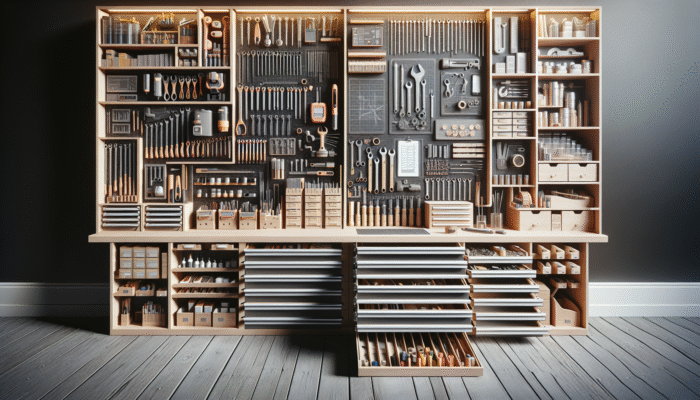 A meticulously organised workshop showcasing neatly sorted tools on labelled shelves and drawers.