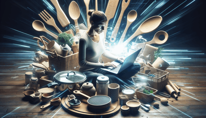 An individual utilizing a laptop with SEO tools, showcasing eco-friendly kitchen utensils, achieving high visibility for "sustainable kitchen tools" in search results.