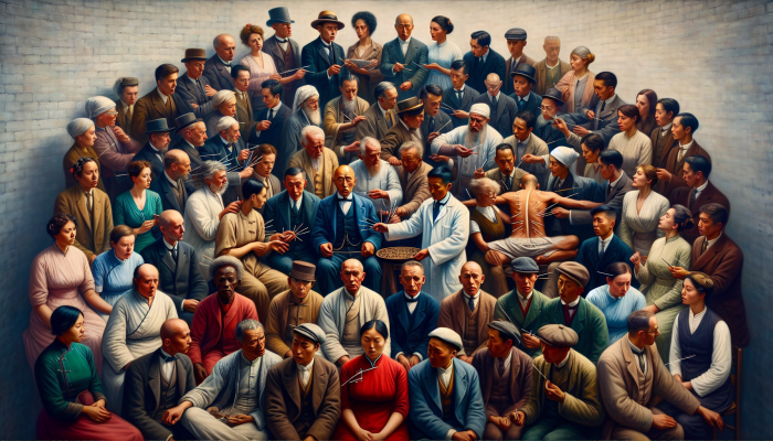 Early 20th-century British individuals interacting with an acupuncturist, reflecting a blend of curiosity and skepticism towards the ancient Chinese practice.