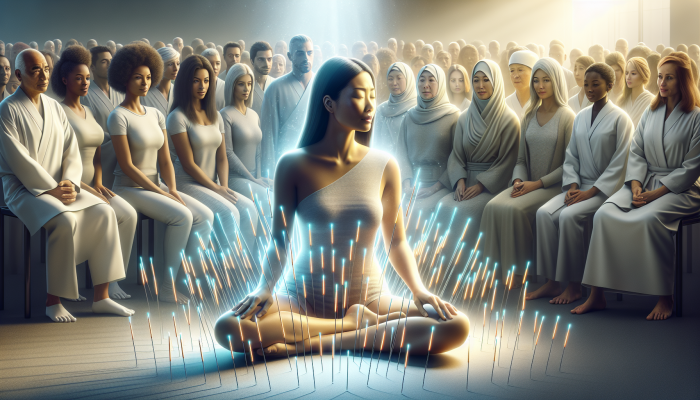 Calm Asian woman receiving acupuncture, surrounded by illuminated needles, observed by a diverse audience.