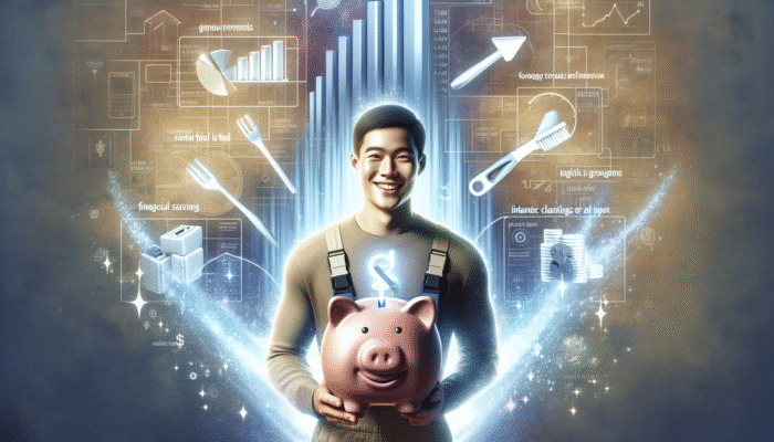 Individual smiling with rented tool, emptied house items, piggy bank, and savings chart illustrating financial savings.