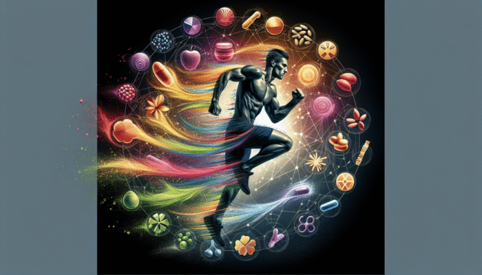 Illustration of essential nutrients surrounding an athlete in motion, symbolizing the advantages of athletic multivitamins.