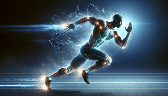 An athlete sprinting energetically, powered by magnesium, surrounded by an aura of vitality.