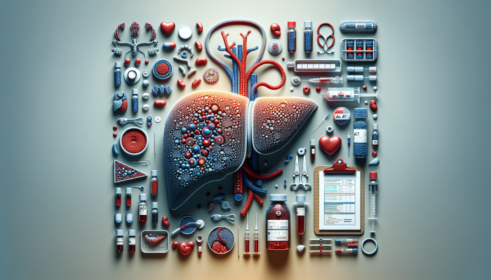 Advanced Liver Blood Test in Tiverton: A detailed medical illustration of a liver with labeled enzymes and proteins, surrounded by blood test vials and diagnostic charts.