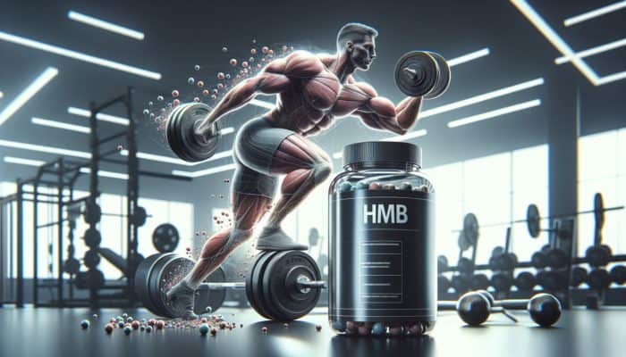 A muscular bodybuilder lifting weights in a gym, with HMB supplement visible nearby, illustrating increased lean muscle and minimal fat.