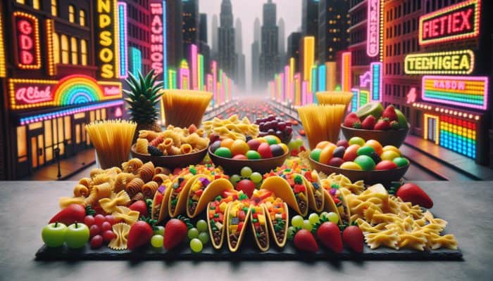Enjoying kid-friendly dishes like mini tacos and whimsical pasta in a lively Las Vegas restaurant.