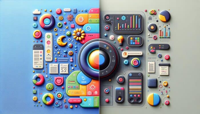 A split-screen image illustrating a colorful circular button for a children's app and a muted rectangular button for a financial services firm.