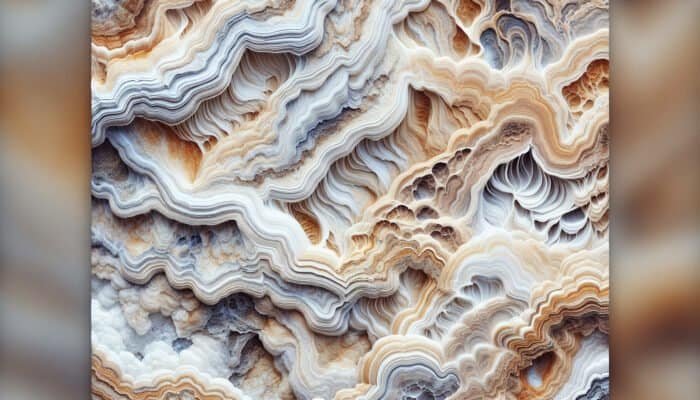 Close-up view of travertine stone, highlighting its sedimentary texture, calcium carbonate composition, natural voids, and earthy beige to brown tones.