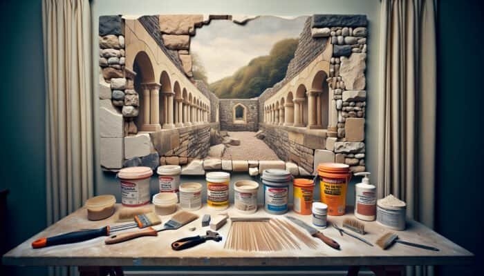 A variety of high-quality travertine hole repair fillers displayed on a workbench in the UK, showcasing different types and textures, with a partially repaired wall in the background.