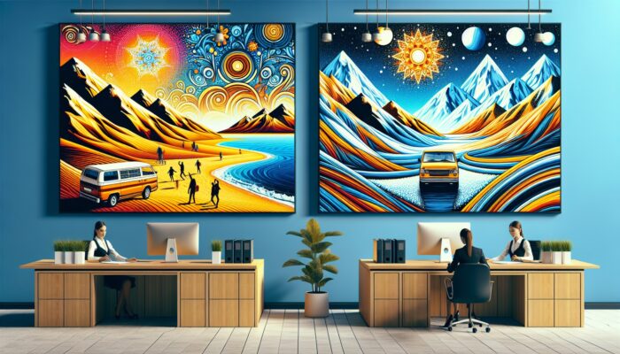 A car rental office featuring colorful posters advertising summer beach and winter mountain scenes, highlighting seasonal discounts.