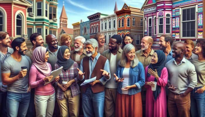 West End neighbourhood gathering sharing trusted contractor recommendations amidst local architecture.