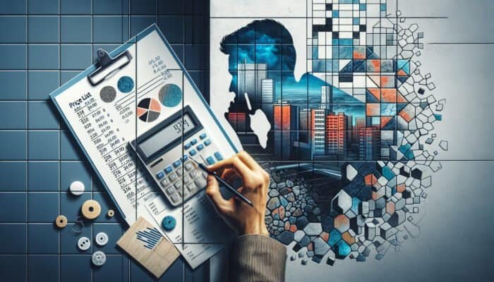 Individual calculating costs with a calculator amidst damaged and new ceramic tiles, with a view of the West End.
