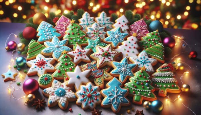 Vibrantly decorated sugar cookies in festive shapes like stars, trees, and snowflakes, adorned with eye-catching royal icing on a holiday table.
