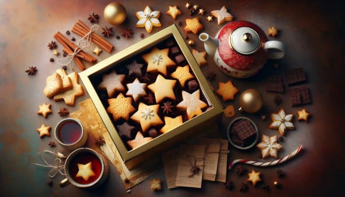 A beautifully arranged box of golden shortbread stars, some dipped in chocolate, accompanied by a teapot and coffee, creating a warm festive atmosphere.