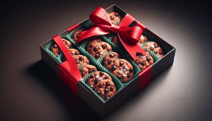 A beautifully wrapped box of double chocolate chip cookies featuring gooey centers, crispy edges, and sprinkled with sea salt, elegantly tied with a red bow.