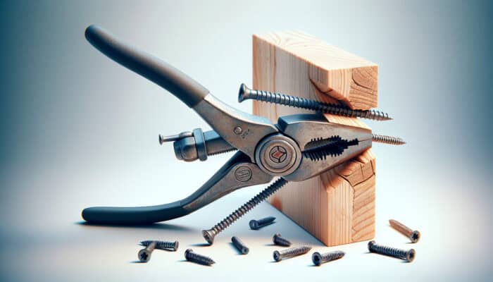 Strong pliers gripping a rusted screw on wooden furniture during house clearance.