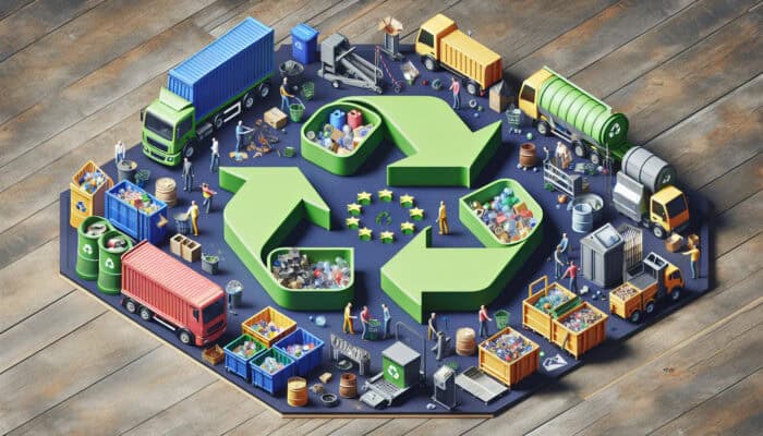 Illustration of EU Waste Framework Directive featuring recycling symbols, the concept of circular economy, and initiatives by UK councils.