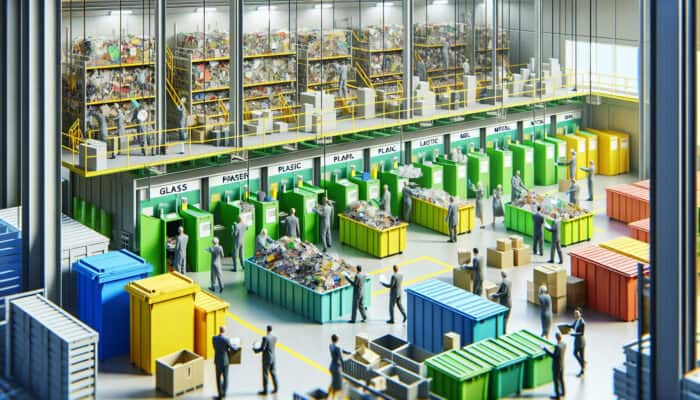 An organized recycling facility depicting waste sorting with labeled bins for various materials, including glass, paper, plastic, and metal.
