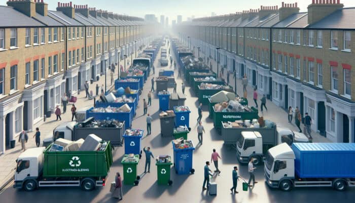 Various specialized recycling bins and trucks on a UK street, with individuals sorting electronics, mattresses, and furniture.
