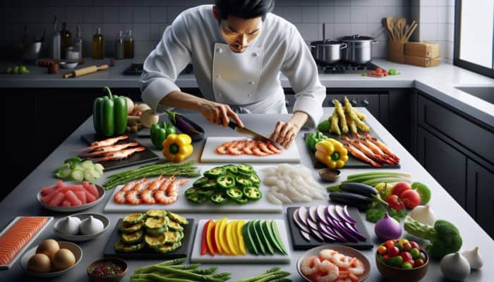 A chef skillfully prepping seafood and vegetables for tempura, showcasing clean cuts and vibrant colors on a counter.