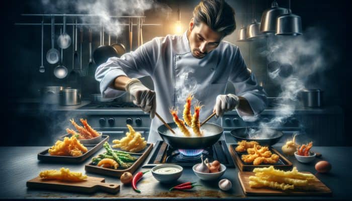 A chef frying chilled seafood and vegetables, highlighting the steam and crispy tempura batter.