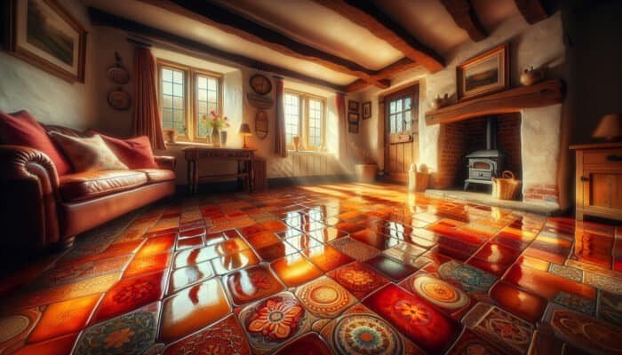 A beautifully polished terracotta floor in a UK cottage, enhancing the inviting atmosphere with natural light.