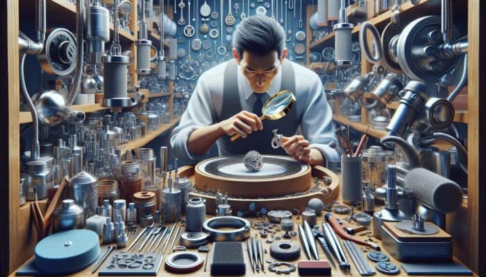 An individual inspecting jewelry with a magnifying glass in a workshop filled with polishing tools and machines.