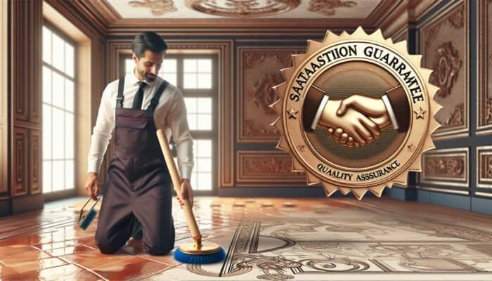 A professional polishing terracotta floor, with a satisfaction guarantee certificate displayed, symbolizing trust and quality in an elegant room.