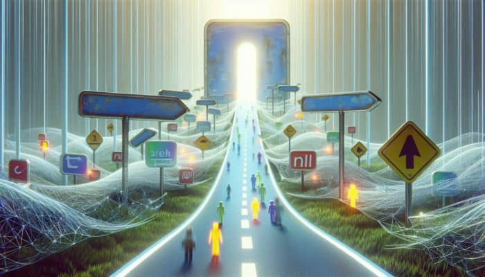 Utilize 301 Redirects for Link Equity: A visual representation of a digital journey from an old, outdated URL to a new, vibrant URL, illustrating the smooth transition of a 301 redirect, guiding search engine bots and users alike.
