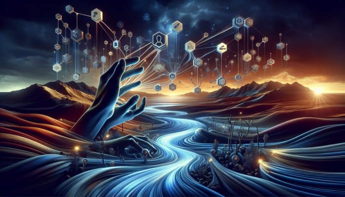 Hands reaching for luminous streams of light symbolizing link equity within a digital ecosystem.