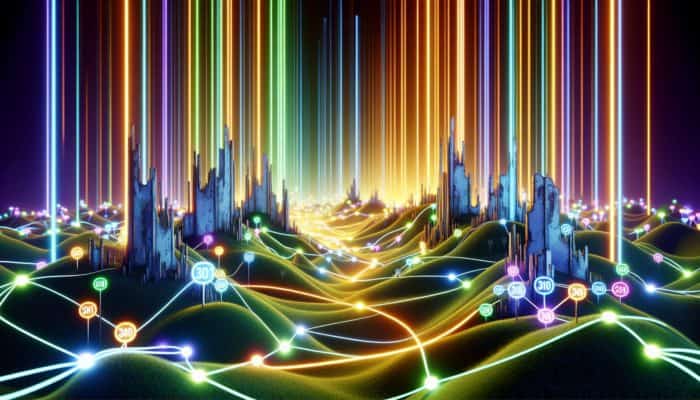 Illuminated pathways connect old, outdated URLs to new, vibrant ones, symbolizing the preservation of link equity during website rebranding efforts.