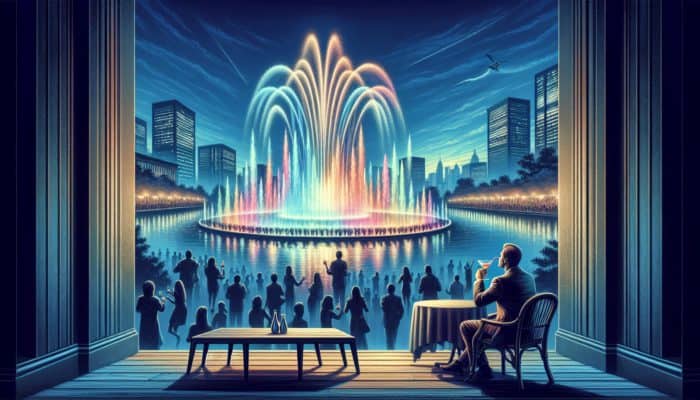 A person enjoying a cocktail at the Bellagio, captivated by the vibrant fountain display at night amidst a crowd.